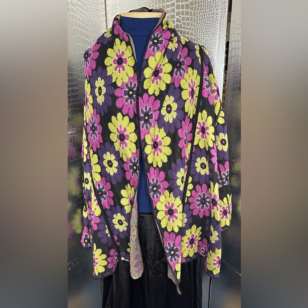 Floral Women's Cardigan Shawl Wrap Black Purple Yellow Pattern